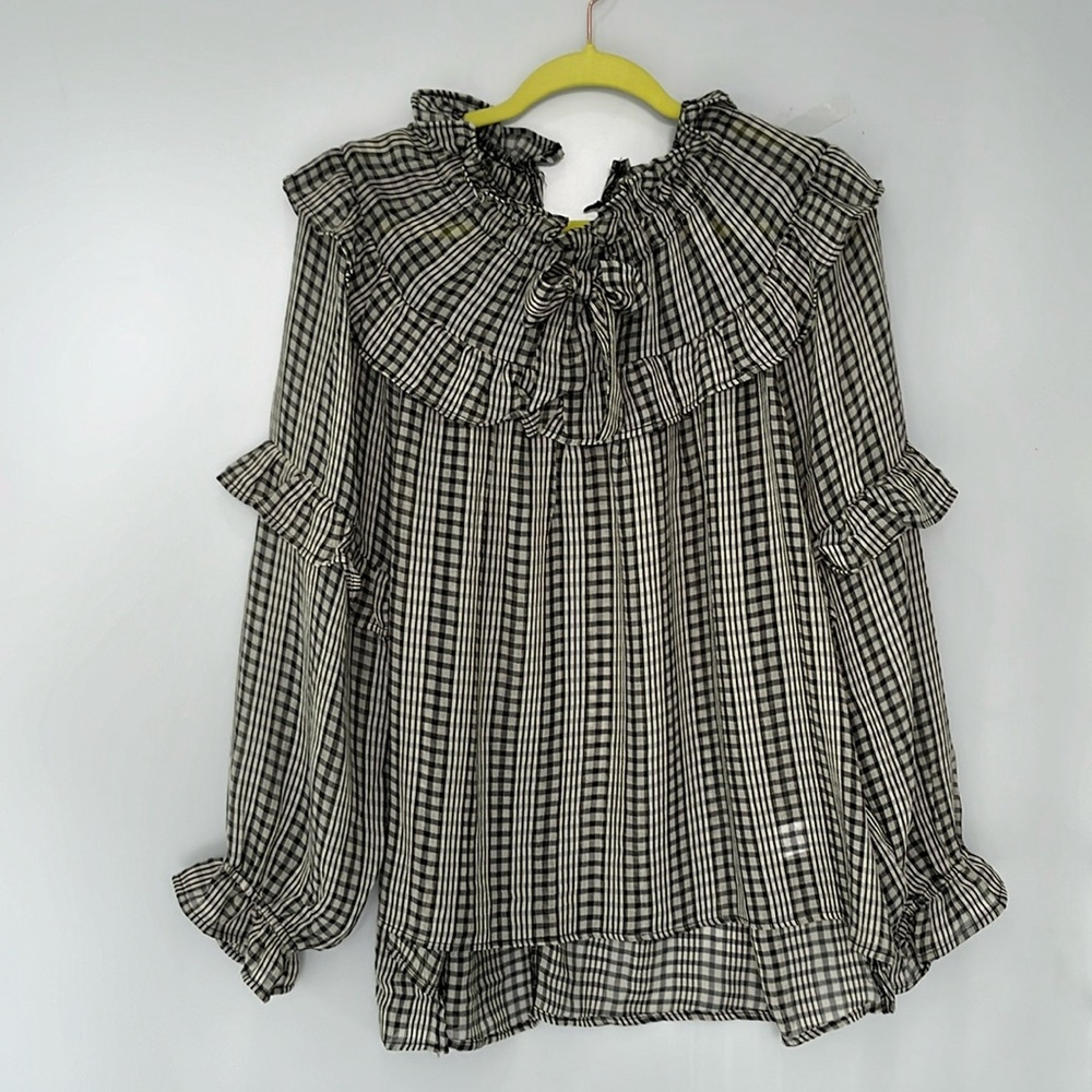Ruffled check plaid gingham blouse